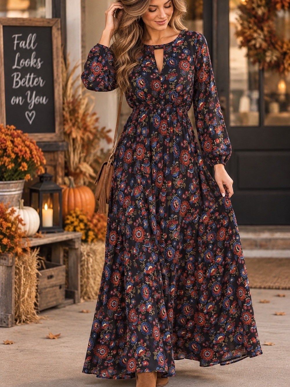 Forever 21 Medium Black Floral Rayon Long Sleeve Boho Maxi Dress